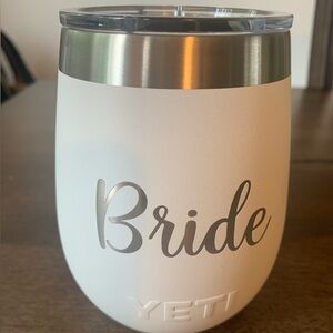 Yeti wine tumbler engraved with “Bride”